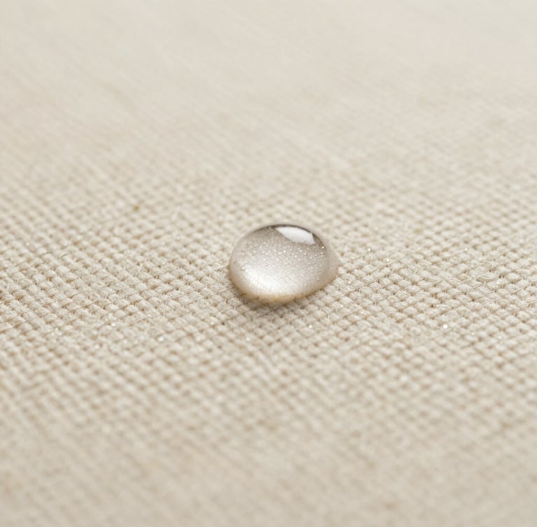 Macro close-up of clear liquid beading perfectly on a highly textured cream bouclé fabric, soft diffused side lighting highlighting the weave, minimalist and clinical luxury feel.