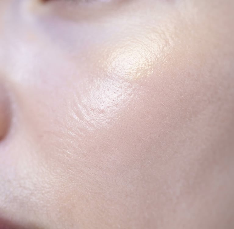 Macro studio photography of elegant skin texture under bright high-key light, soft gold reflections, clean and clinical depth of field.