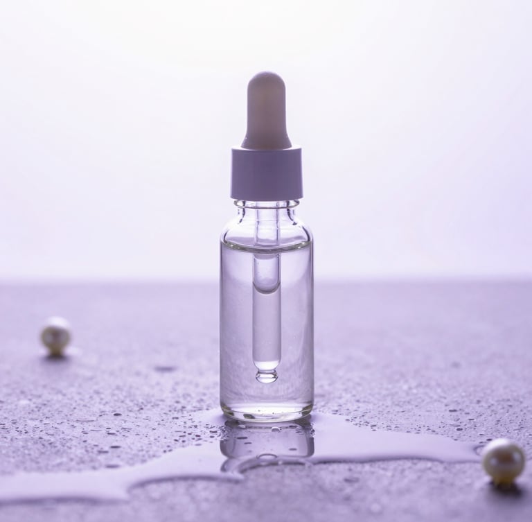 A clean glass dropper bottle reflecting bright studio light on a wet stone surface with soft lavender reflections, clinical macro framing.