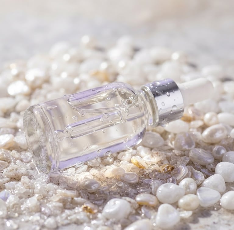 Macro shot of a clean glass dropper bottle reflecting soft lavender and gold light on a wet pearl stone surface, high-key studio lighting.