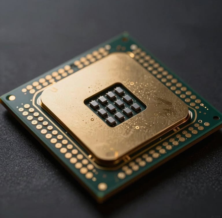 Extreme close-up of a silicon processor die under dramatic low-key studio lighting, gold accents reflecting off custom cooling loops, dark background.