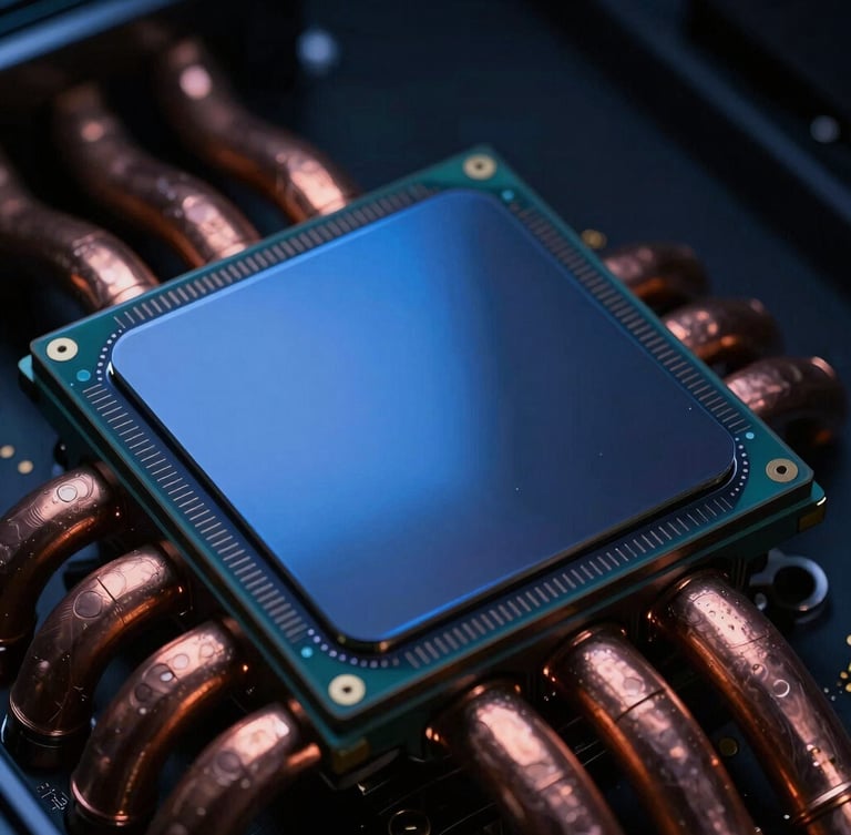 Extreme close-up of a high-performance GPU silicon die, dramatic low-key studio lighting with deep midnight navy shadows and sharp electric indigo reflections on the copper heat pipes.