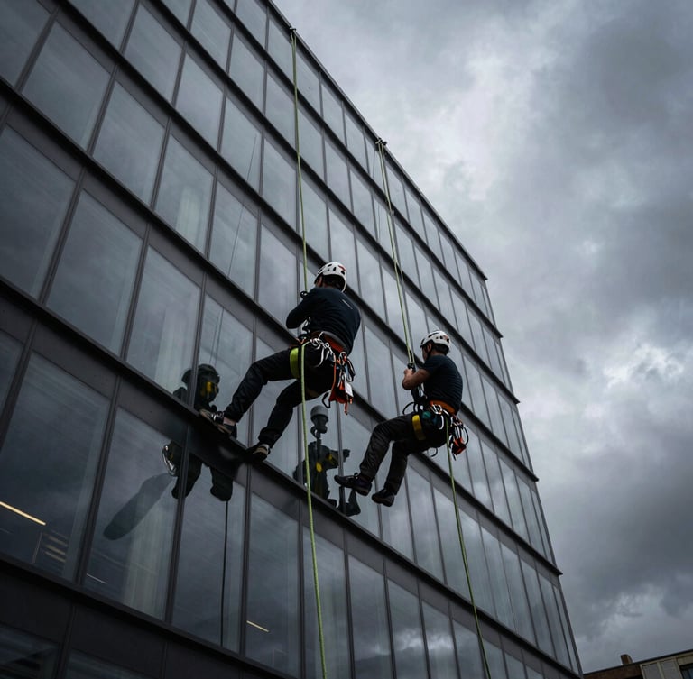 Low-angle shot of two professional industrial climbers in black safety harness with neon green ropes, suspended against a modern glass facade in Bratislava, dramatic overcast sky.