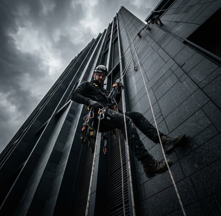Low-angle dynamic shot of an industrial climber suspended on ropes against a modern dark tiled roof, technical gear and carabiners in sharp focus, overcast dramatic daylight