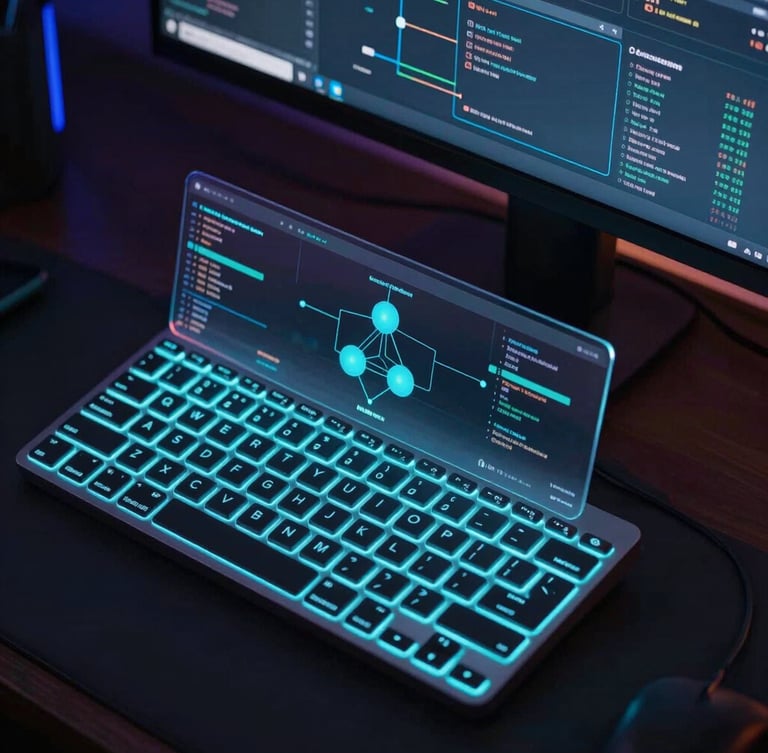 Macro overhead crop of a dark, modern developer workspace with a glowing cyan keyboard, glassmorphic UI cards displaying node-based data flows on a monitor, moody neon edge lighting.