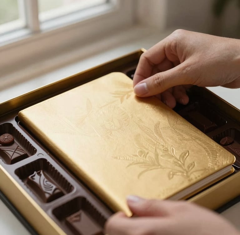Close-up of a hand carefully placing a gold-embossed notebook into a luxury chocolate gift box, soft side-lighting, shallow depth of field