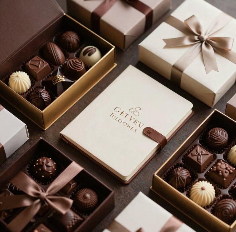 Overhead flat-lay of a luxury corporate gift box containing artisanal chocolates, a custom notebook, and elegant packaging, rich chocolate and cream tones, soft side lighting