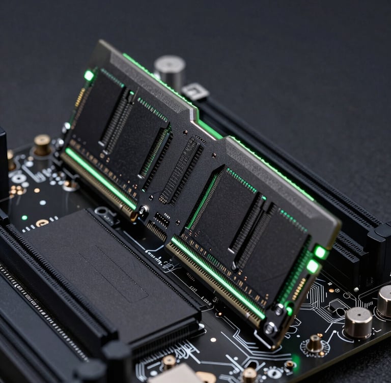 Macro close-up of a high-performance motherboard with pristine RAM modules installed, dark matte surface, subtle neon green backlighting, clean industrial aesthetic.