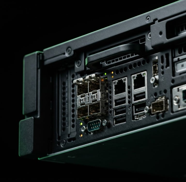 Sleek enterprise server chassis, high-contrast studio lighting, dark matte background, subtle neon green rim light, macro lens showing metallic ports