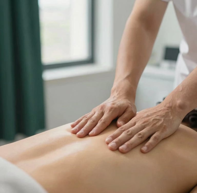 Close-up of professional neurotherapy hand pressure being applied to specific points on a patient's back, soft warm golden lighting, clean modern clinical setting, shallow depth of field