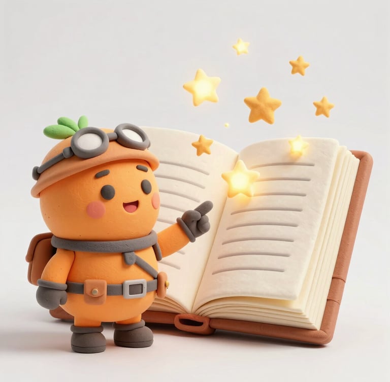 A friendly 3D claymation orange mascot wearing explorer gear, pointing at a giant magical pop-up book with glowing stars, bright cheerful ambient lighting, soft pastel colors, clean white background, friendly character design