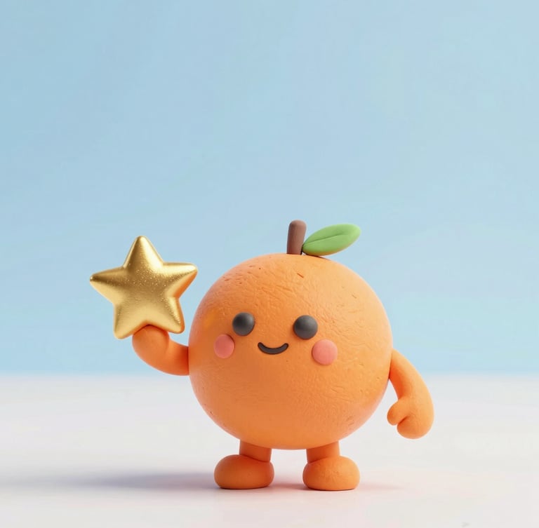 A playful 3D claymation orange mascot character holding a shiny gold star, bright cheerful ambient lighting, clean soft blue background, friendly character design