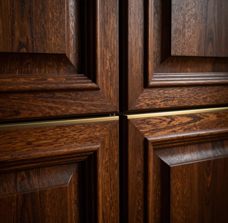 Close-up macro shot of fluted oak panels meeting brushed brass trim, low-key side-lighting emphasizing rich material textures, deep shadows, architectural detail