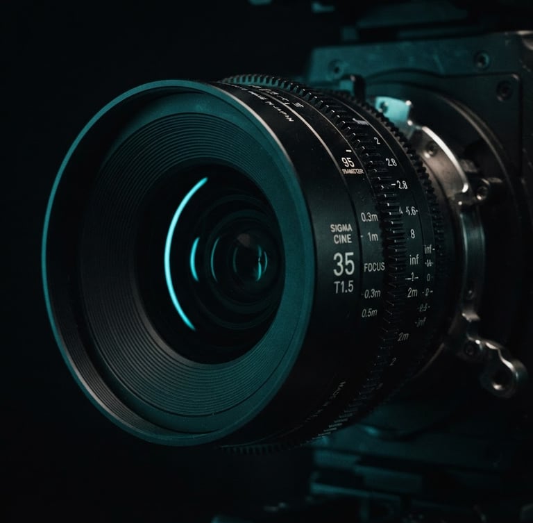 Extreme close-up of a high-end cinema camera lens, dramatic low-key studio lighting with a sharp cyan neon accent reflecting off the glass, deep shadows, 35mm lens