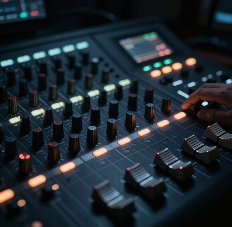 Extreme close-up of a professional editing console in a dark studio, glowing neon-accented dials, sharp directional key lights, moody cinematic atmosphere