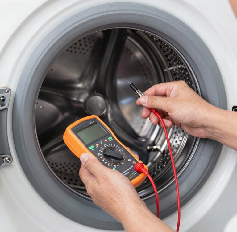Close-up shot of a professional technician's hands using a digital multimeter to test the electrical contacts of a modern washing machine drum, bright clean utility lighting.