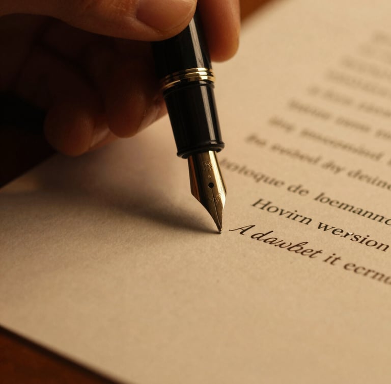 Macro close-up of a fountain pen signing a strategic document on a dark wooden desk, warm low-key golden lighting, extreme focus, 35mm