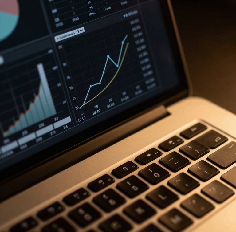 Macro close-up of a high-end laptop screen displaying clean analytics graphs, dramatic low-key lighting with warm golden highlights, premium editorial photography, 35mm