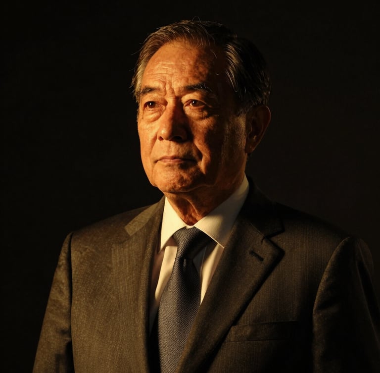 Chiaroscuro portrait of a senior male executive in a dark tailored suit, looking thoughtfully off-camera, warm golden highlights, premium editorial photography