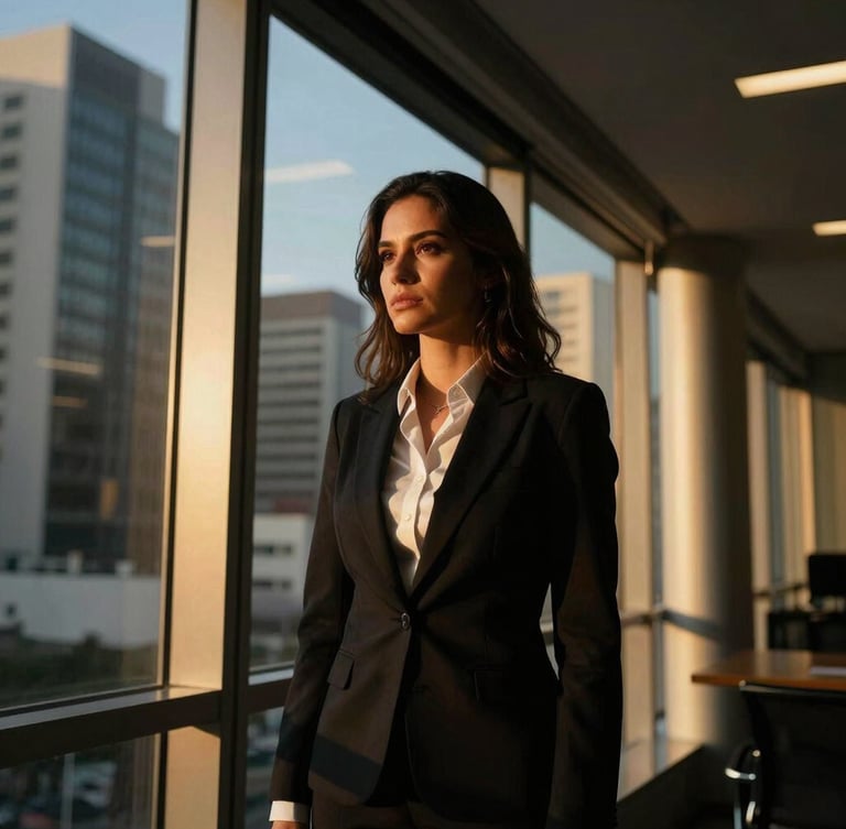 Dramatic low-key portrait of a female marketing director in a modern architectural office in São Paulo, golden hour window light, sharp focus, 35mm
