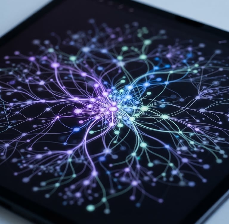 Macro shot of a clean dark mode tablet screen showing a personalized cognitive path graph, illuminated by soft violet and mint neon accents, shallow depth of field.