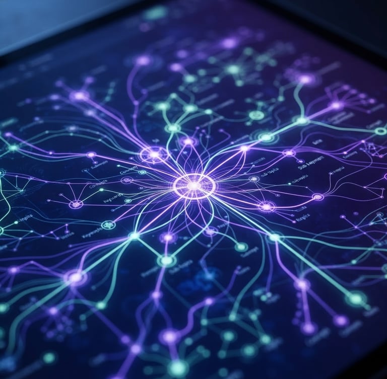 Close-up portrait-aspect shot of a clean, high-focus digital study interface, glowing electric violet and mint cognitive mapping nodes on a deep midnight blue screen, soft ambient light, shallow depth of field.