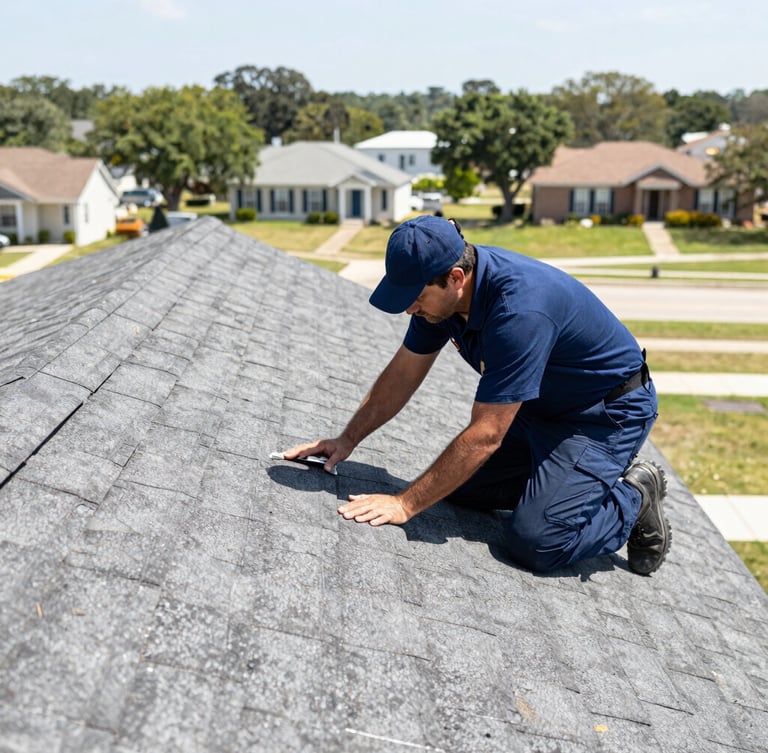 Professional, uniformed technician safely inspecting a residential roof in Bryan-College Station, bright Texas daylight, deep blue and slate gray tones, crisp details, 50mm lens, local neighborhood backdrop.