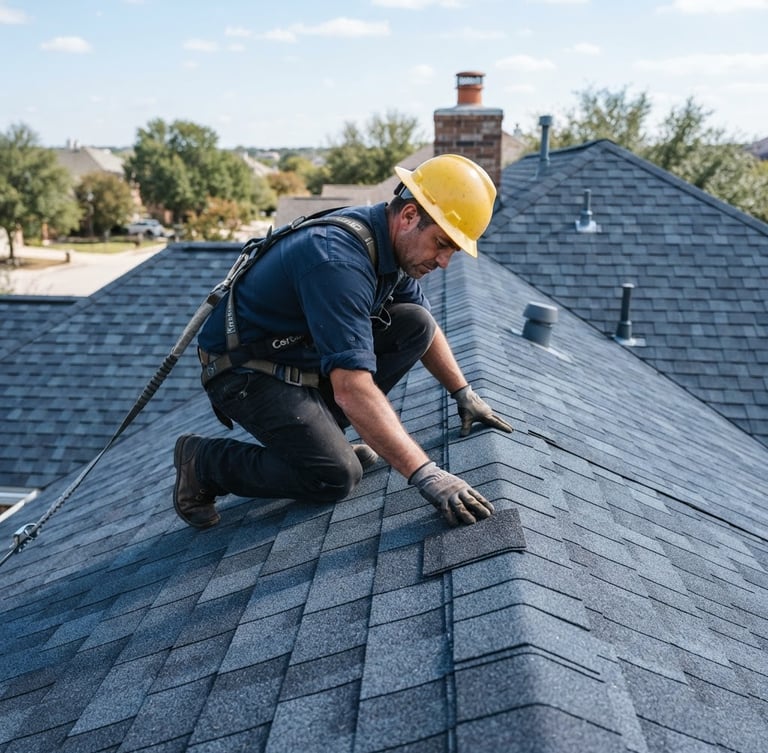 Professional roofer inspecting shingles on a residential roof under bright Texas daylight, focusing on craftsmanship and safety, deep blue and slate gray tones.