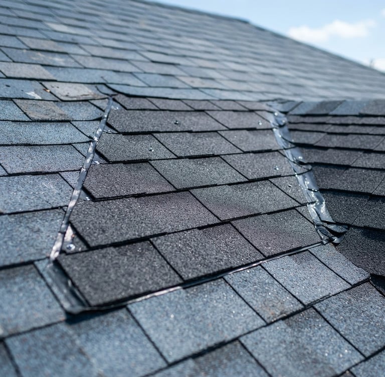 Crisp close-up of a clean shingle repair detail on a residential roof, bright Texas daylight, deep blue and slate gray tones, 50mm lens, professional craftsmanship visible.