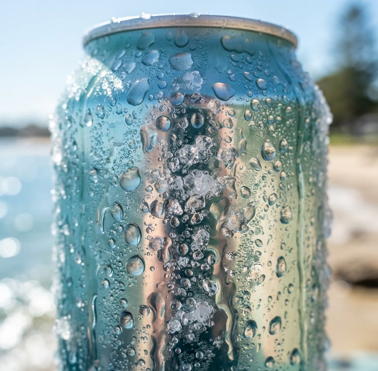 Tight macro shot of a cold beer can covered in heavy condensation and ice droplets, bright coastal sunlight reflecting off the wet aluminum, shallow depth of field.