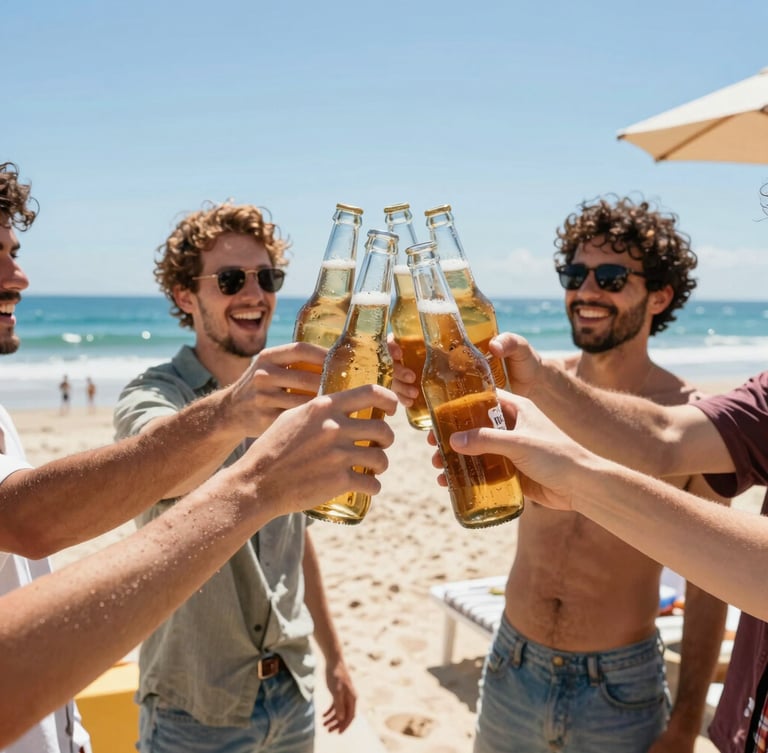 Medium environmental shot of friends laughing and raising cold beer bottles in a beachside backyard, sunny day, relaxed coastal vibe.
