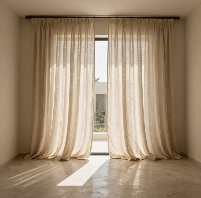 Straight-on architectural shot of premium linen curtains cascading from a high ceiling, warm afternoon sunlight streaming through, casting long soft shadows on a minimalist microcement floor, Riyadh villa interior, 35mm.