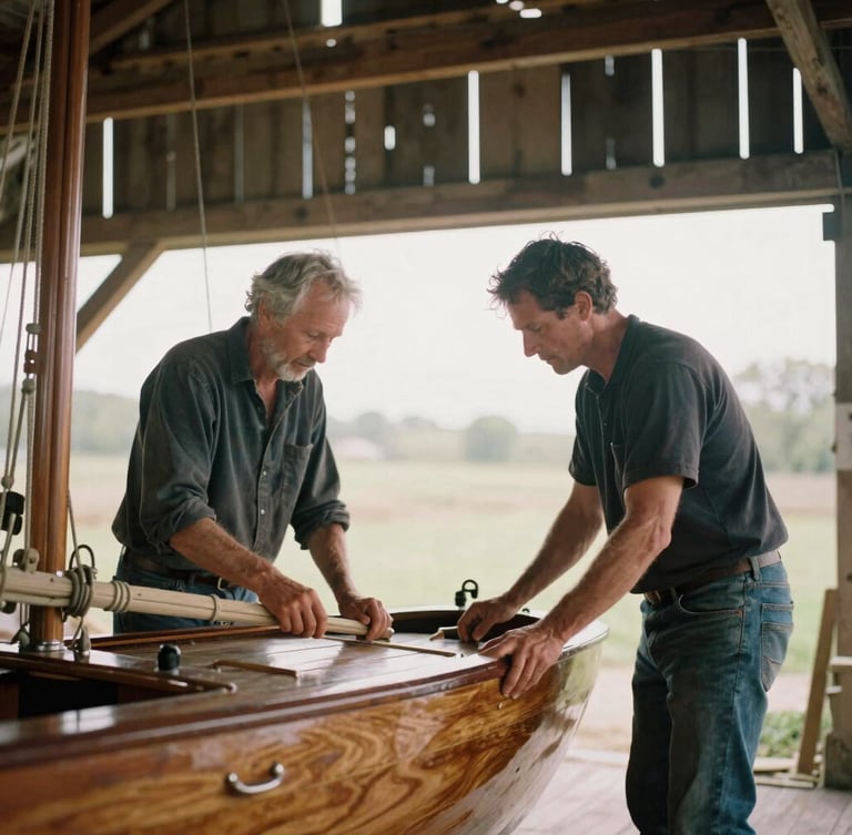 Two men of different generations working together to restore a vintage wooden sailboat in an open barn, warm natural ambient light, authentic unposed moment, 35mm film aesthetic.