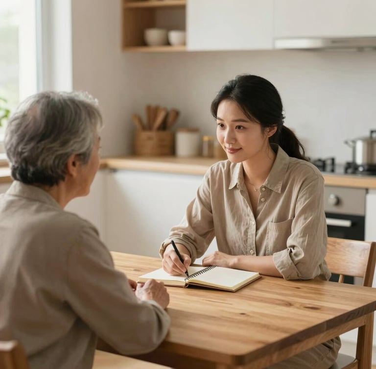 A professional support worker and a resident sitting together at a bright wooden kitchen table, reviewing a notebook, soft natural lighting, warm and respectful atmosphere