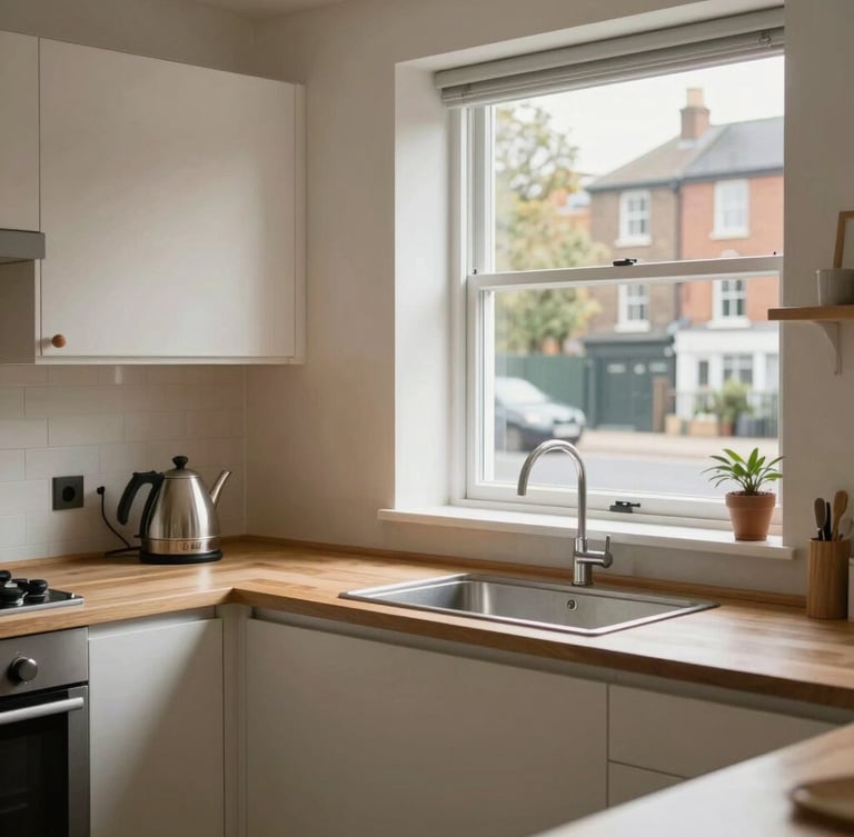 A modern, bright kitchen with natural light, clean wooden countertops, a kettle, and a window overlooking a quiet residential street in Birmingham.