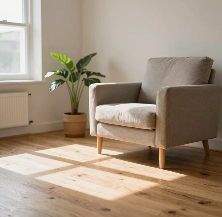 Bright, clean interior of a modern residential living room in Birmingham, soft natural daylight spilling across a wooden floor, a comfortable armchair, and a potted plant in the corner, warm and welcoming, shallow depth of field.