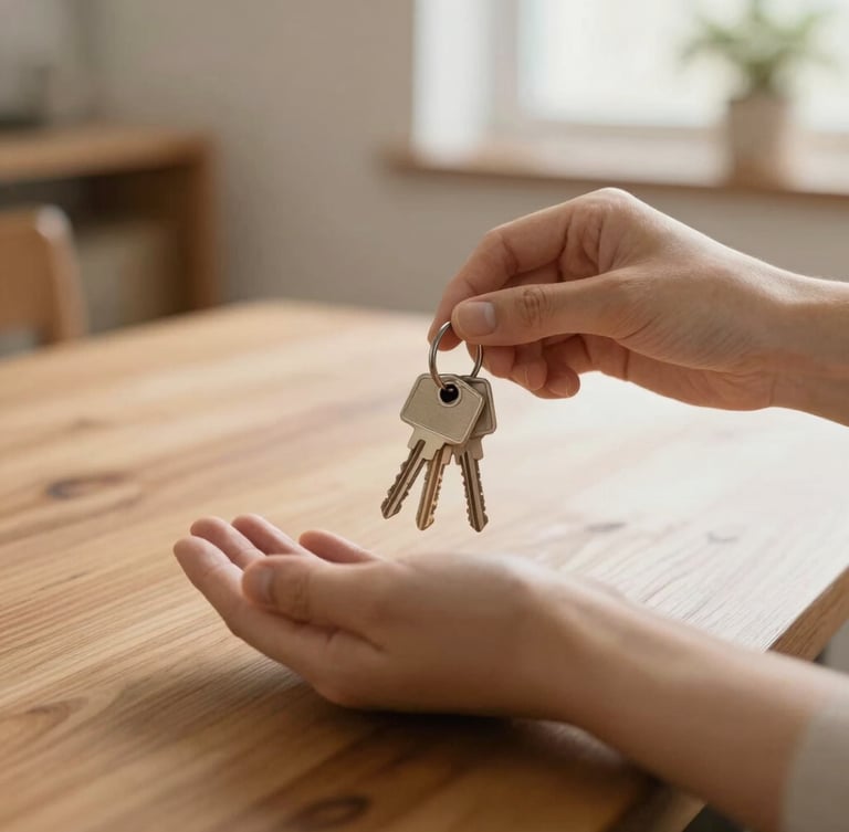 A close-up of hands holding a set of house keys over a warm wooden tabletop, soft natural daylight, shallow depth of field, warm editorial style.