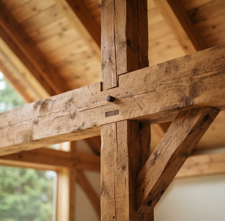 Close-up of high-quality structural wood timber beams, showing rich natural wood grain and precise cuts, soft natural daylight, shallow depth of field