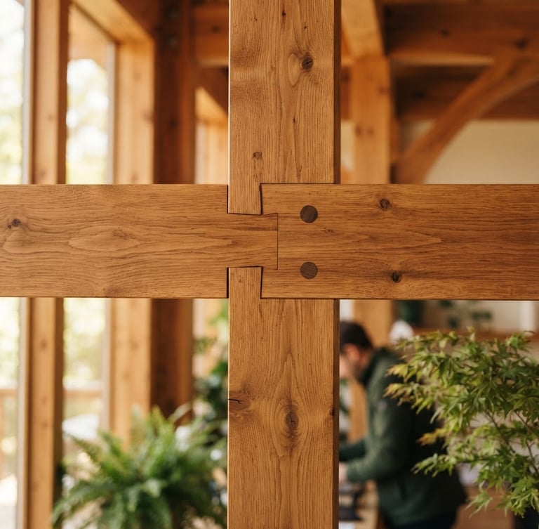 Close-up of premium laminated timber beams showing precise joints and rich wood grain, soft natural daylight, shallow depth of field