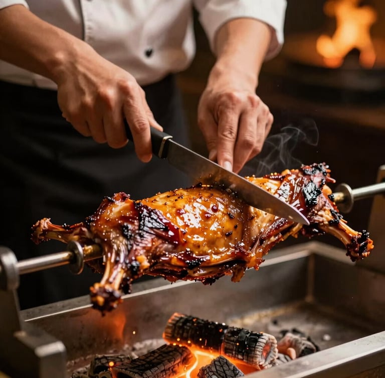 A close-up portrait of a master chef's hands slicing glistening roasted lamb from a horizontal spit onto a metal cağ skewer, warm dramatic lighting, glowing embers in the background, 35mm