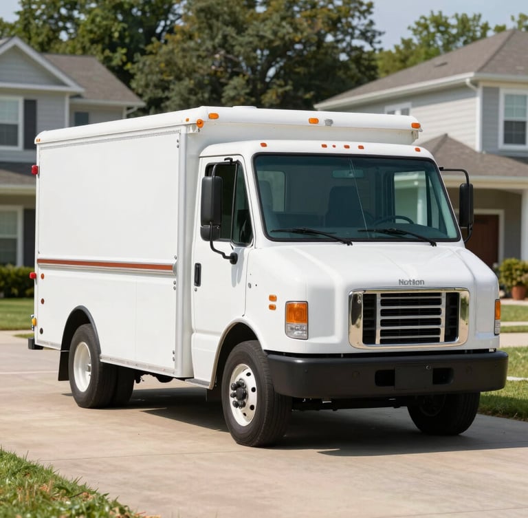 A neatly organized service truck parked on a residential Newton driveway, bright natural daylight, crisp focus, 35mm lens