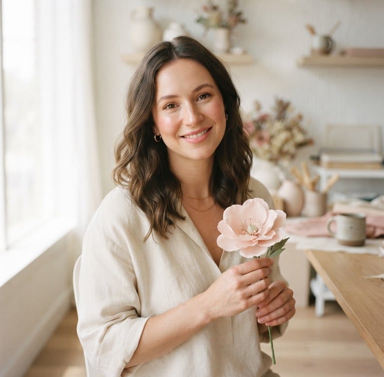 Warm portrait of a woman (founder) in her early 30s, with soft, natural makeup, smiling gently while holding a carefully crafted paper flower, in a sunlit minimalist studio with light wood and white walls, soft diffused daylight, shallow depth of field, muted blush and beige tones.