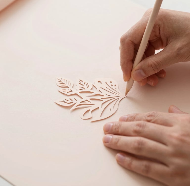 Close-up of hands carefully weeding excess vinyl from a delicate paper cut design on a light-colored mat, soft diffused daylight, focus on precision, muted blush and beige tones.