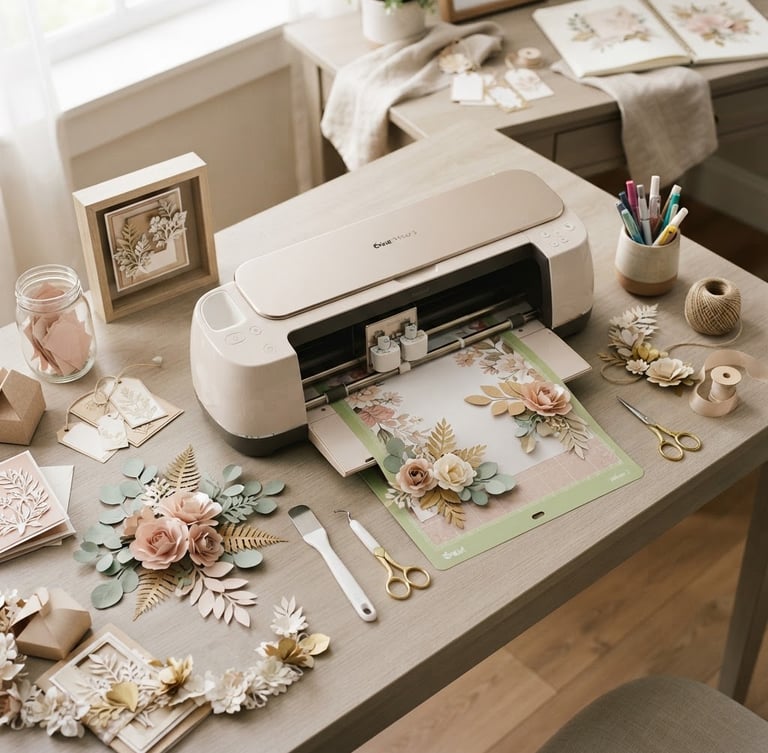 Overhead shot of a beige Cricut machine on a light taupe desk, surrounded by finished paper crafts in blush and natural tones, soft diffused daylight, shallow depth of field, 35mm