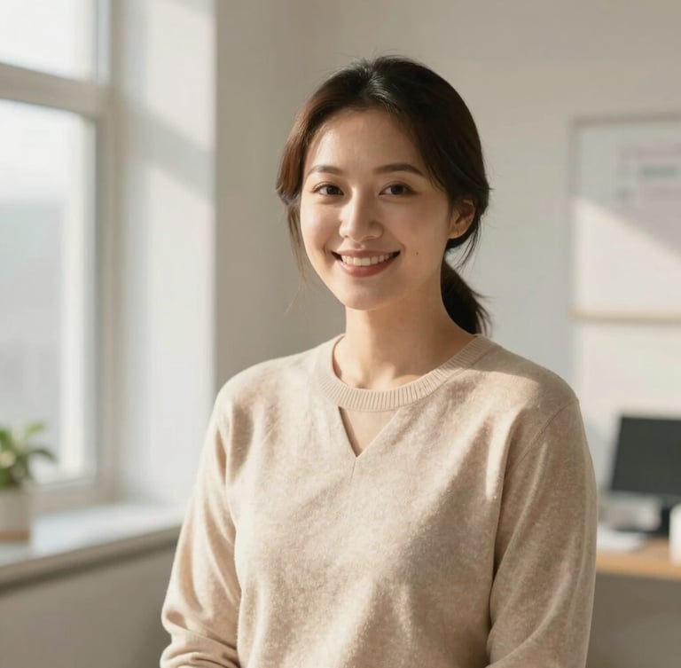 Warm editorial portrait of a female gynecologist in elegant soft beige knitwear, smiling warmly in a sunlit modern clinic with soft natural window light, shallow depth of field, 35mm