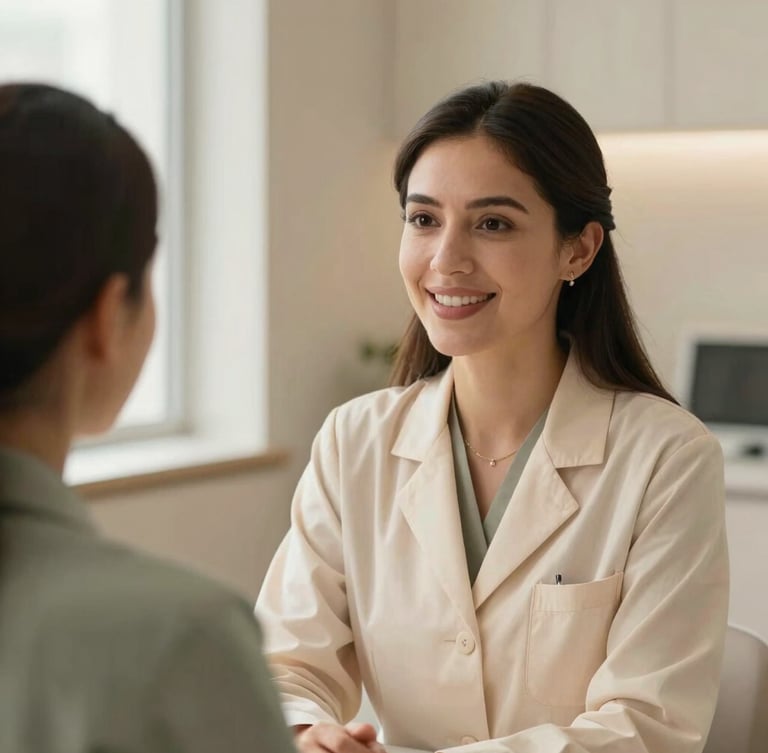 Medium close-up of Dra. Gabriela talking warmly to a patient, soft side-lighting, elegant modern clinical interior with warm champagne tones, professional and compassionate atmosphere