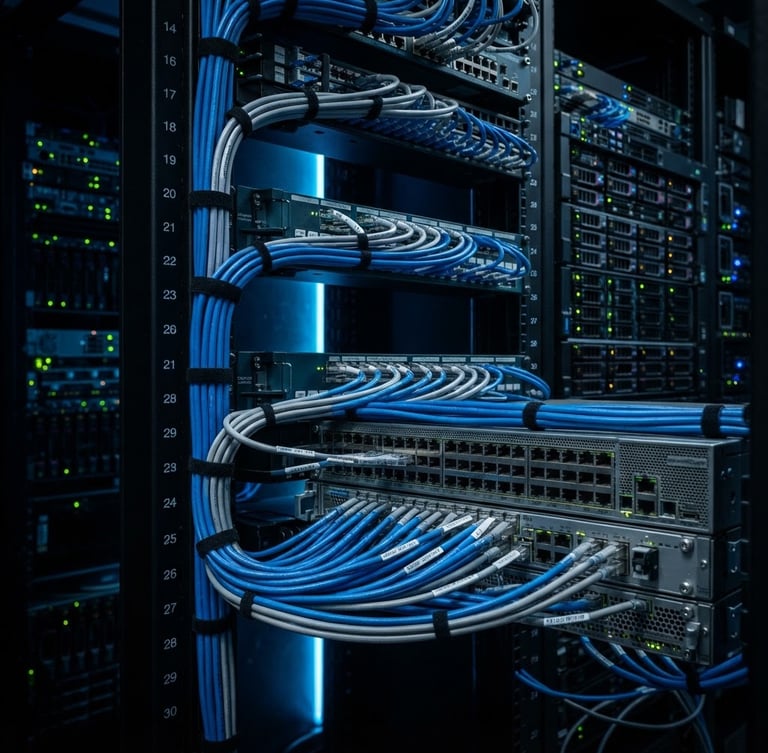 Immaculate enterprise server rack with perfectly dressed blue and gray Cat6 patch cables, neon blue LED ambient glow, high-contrast industrial product photography