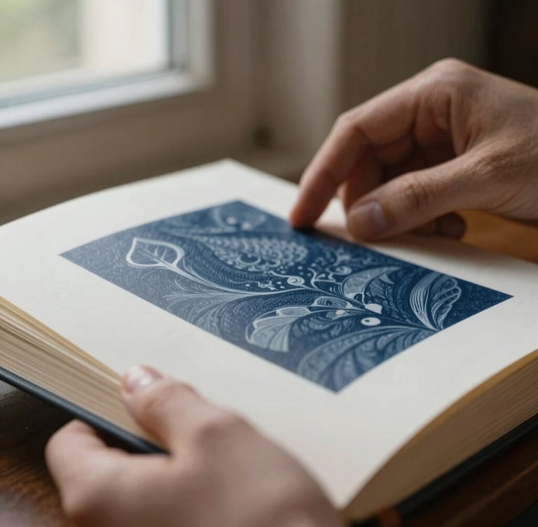 Close-up portrait shot of hands carefully inspecting a freshly printed book page, soft, directional window light highlighting the paper texture and ink, shallow depth of field