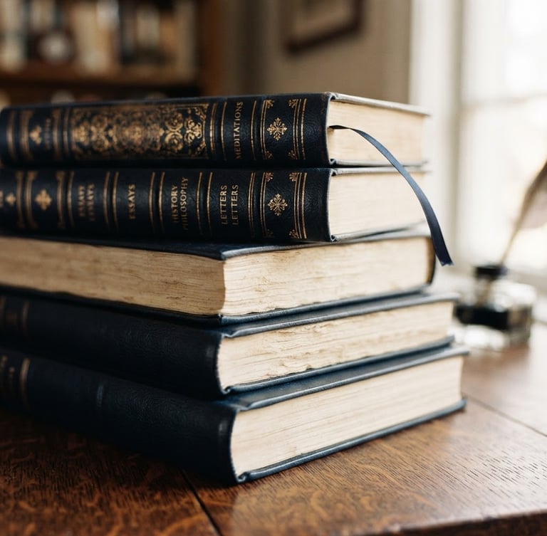 Close-up of a stack of elegant, leather-bound books on a wooden desk, soft window light from the right, rich paper textures and deep navy tones, shallow depth of field, 35mm