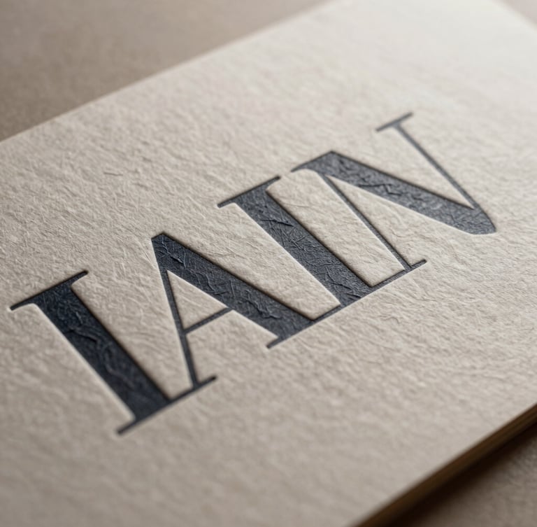 Extreme close-up of premium embossed paper collateral with sharp geometric typography, soft side-lighting highlighting the paper texture